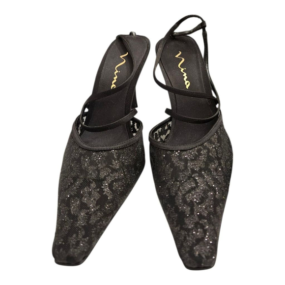 Women's Nina Slingback Heels Black Glitter Lace Size 8.5M - Picture 3 of 7